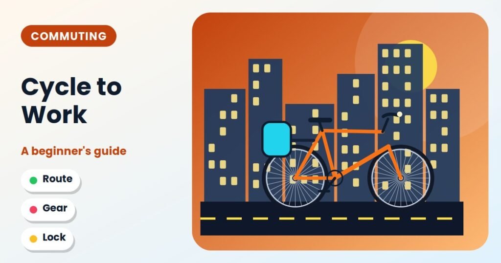 Cyclist riding past a city skyline at sunset