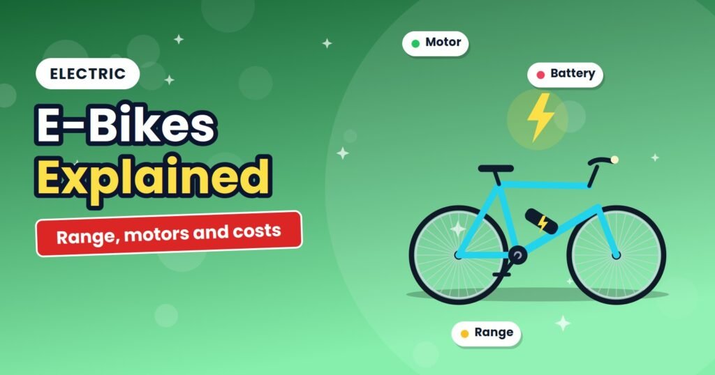 Electric bicycle with a battery on the frame and a lightning bolt