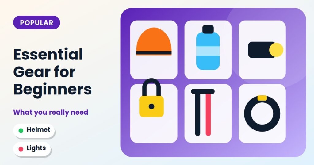 Cycling essentials: helmet, bottle, light, lock, pump and spare tube