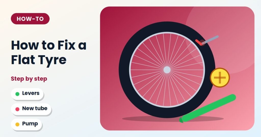 Bicycle wheel with a nail in the tyre, tyre lever and patch